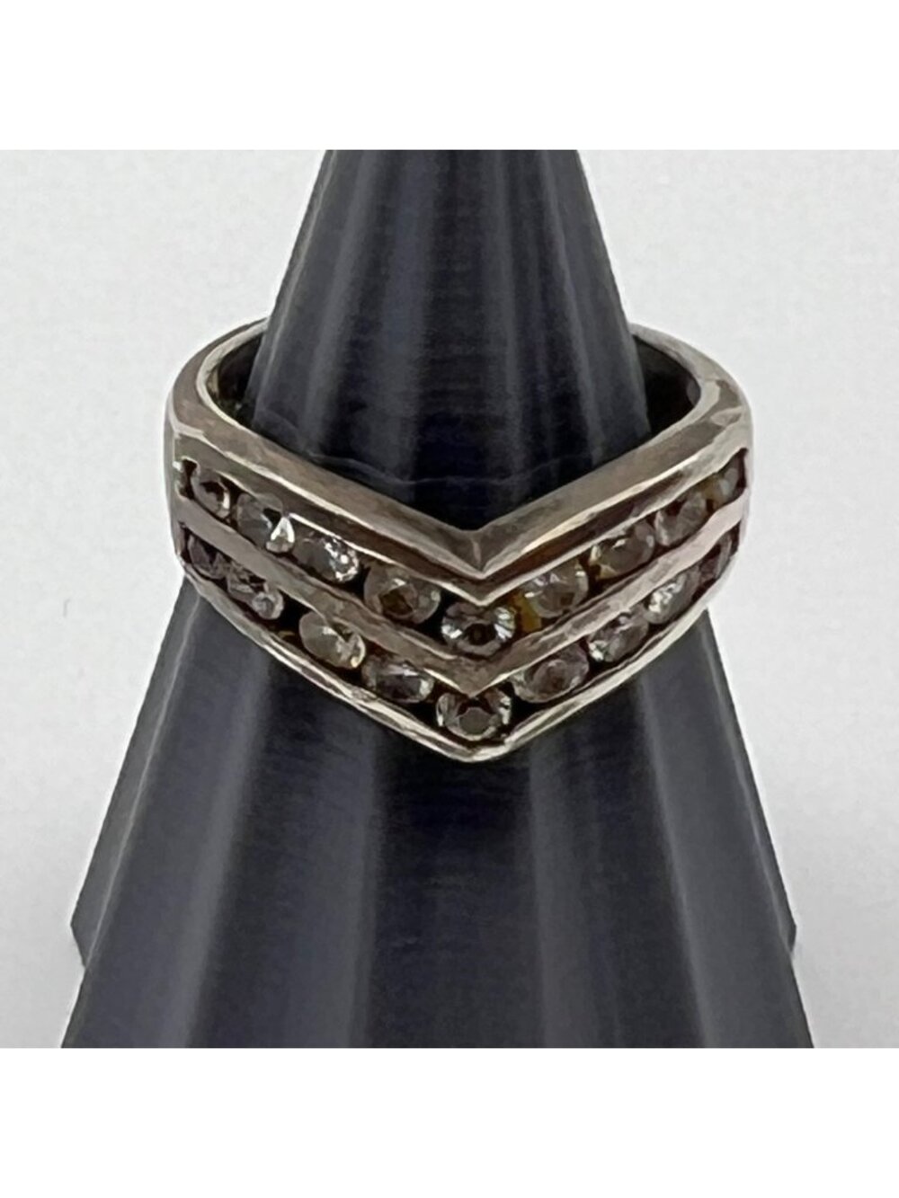 Sterling Silver Double Chevron V Ring CZ Stones Wide Band 4.53g Size 6